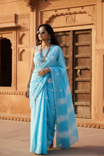 Load image into Gallery viewer, Mulmul Cotton Printed Saree With Unstitched Blouse( Blue)