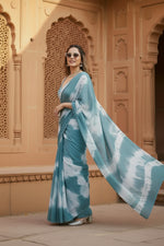 Load image into Gallery viewer, Mulmul Cotton Printed Saree with Unstitched Blouse(Blue)
