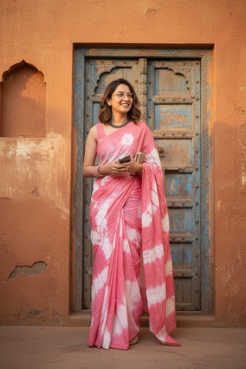 Mulmul cotton printed saree with unstitched blouse(pink)