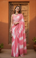 Load image into Gallery viewer, Mulmul Cotton Printed Saree with Unstitched Blouse(Pink)