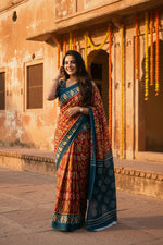 Load image into Gallery viewer, Pure Cotton Ikkat Print saree With Unstitched Blouse(Orange)