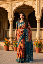 Load image into Gallery viewer, Pure Cotton Ikkat Print saree With Unstitched Blouse(Orange)