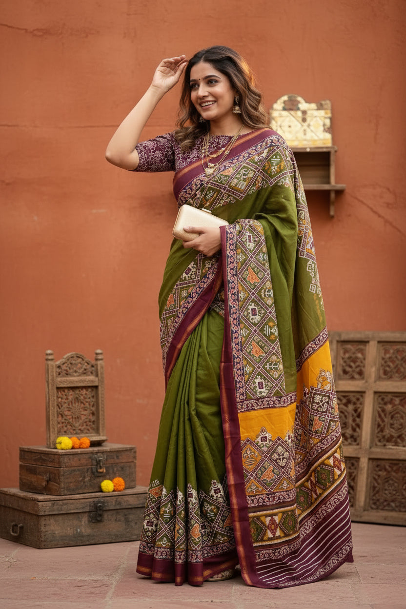 Cotton printed zari border saree with unstitched blouse(green)