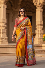 Load image into Gallery viewer, Cotton Printed Zari Border Saree With Unstitched Blouse(Mustard)