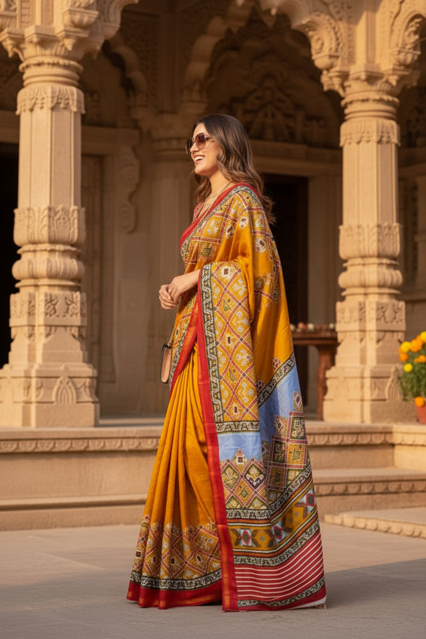 Cotton printed zari border saree with unstitched blouse(mustard)