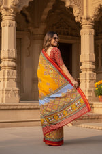 Load image into Gallery viewer, Cotton Printed Zari Border Saree With Unstitched Blouse(Mustard)