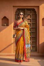 Load image into Gallery viewer, Cotton Printed Zari Border Saree With Unstitched Blouse(Mustard)