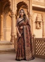 Load image into Gallery viewer, Mulmul Cotton Ajrakh Printed Sarees With Unstitched Blouse (Brown)