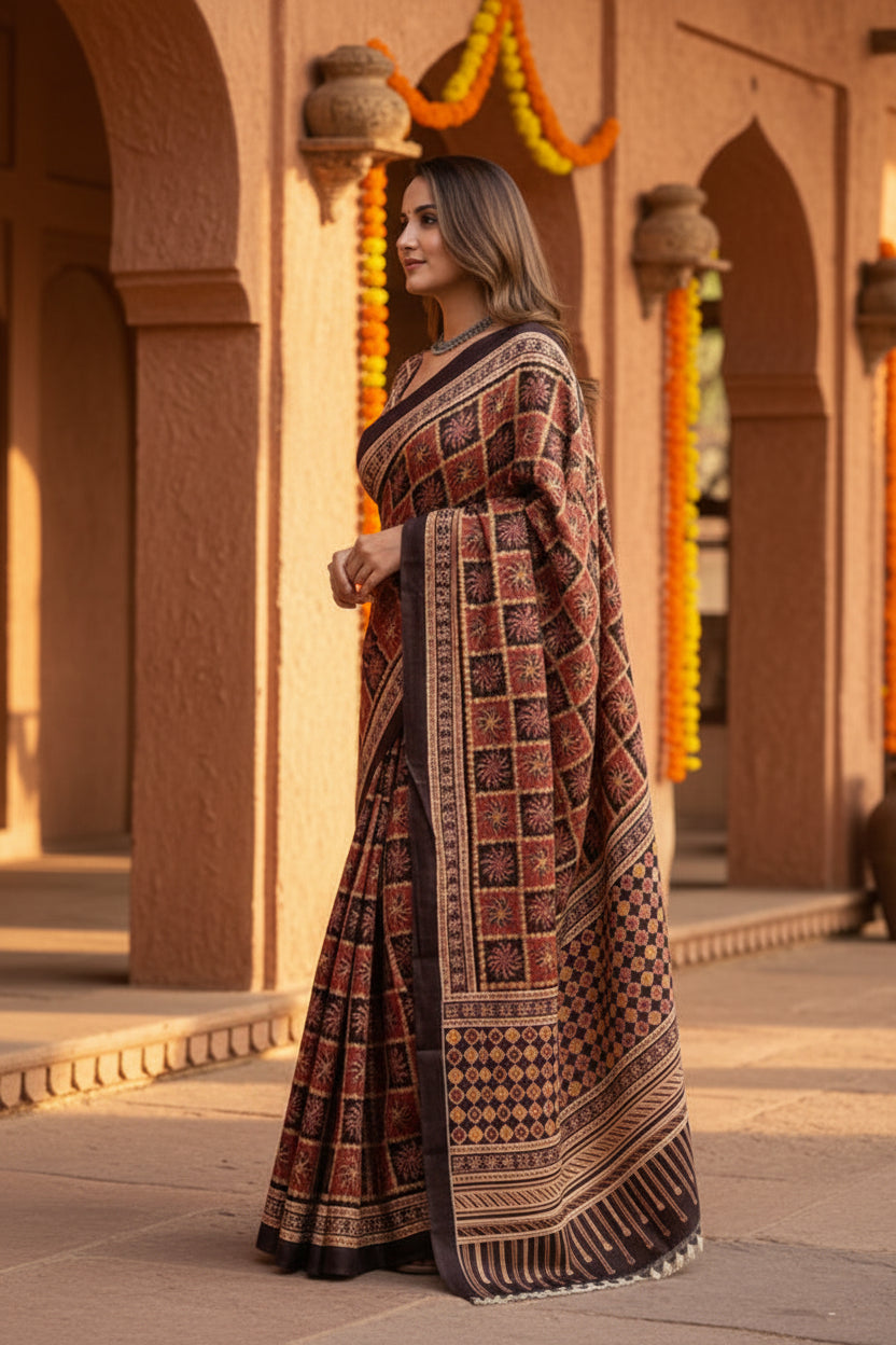 Mulmul cotton ajrakh printed sarees with unstitched blouse (brown)