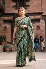 Load image into Gallery viewer, Mulmul Cotton Ajrakh Printed Saree With Unstitched Blouse(Green)