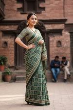 Load image into Gallery viewer, Mulmul Cotton Ajrakh Printed Saree With Unstitched Blouse(Green)