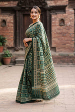 Load image into Gallery viewer, Mulmul Cotton Ajrakh Printed Saree With Unstitched Blouse(Green)