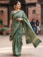 Load image into Gallery viewer, Mulmul Cotton Ajrakh Printed Saree With Unstitched Blouse(Green)