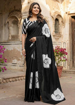 Load image into Gallery viewer, Cotton Block Flower Print Saree With Unstitched Blouse(Black)