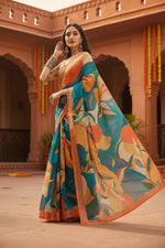 Load image into Gallery viewer, Cotton Linen Printed Sarees With unstitched Blouse(Multicolor)