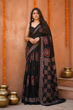 Load image into Gallery viewer, Muslin Ajrakh Digital Printed Saree With Unstitched Blouse(Black)