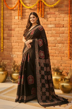 Load image into Gallery viewer, Muslin Ajrakh Digital Printed Saree With Unstitched Blouse(Black)
