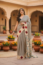 Load image into Gallery viewer, Muslin Ajrakh Digital Printed Saree With Unstitched Blouse(White)