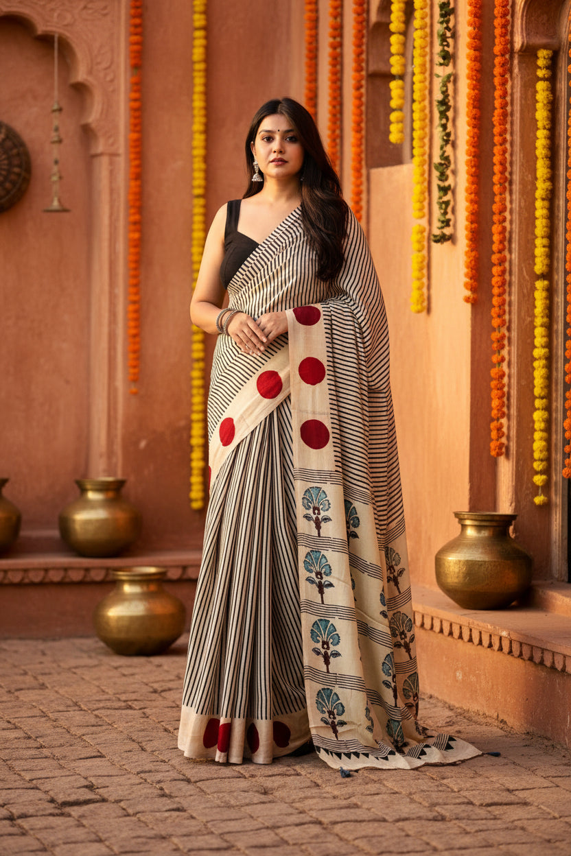 Muslin ajrakh digital printed saree with unstitched blouse(white)