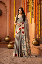 Load image into Gallery viewer, Muslin Ajrakh Digital Printed Saree With Unstitched Blouse(White)