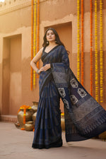 Load image into Gallery viewer, Muslin Ajrakh Digital Printed Saree With Unstitched Blouse(Blue)