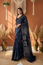 Load image into Gallery viewer, Muslin Ajrakh Digital Printed Saree With Unstitched Blouse(Blue)