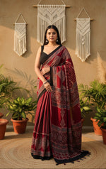 Load image into Gallery viewer, Muslin Ajrakh Digital Printed Saree With Unstitched Blouse(Red)