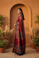 Load image into Gallery viewer, Muslin Ajrakh Digital Printed Saree With Unstitched Blouse(Red)