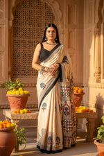 Load image into Gallery viewer, Muslin Ajrakh Digital Printed Saree With Unstitched Blouse(Off White)