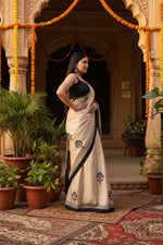 Load image into Gallery viewer, Muslin Ajrakh Digital Printed Saree With Unstitched Blouse(Off White)
