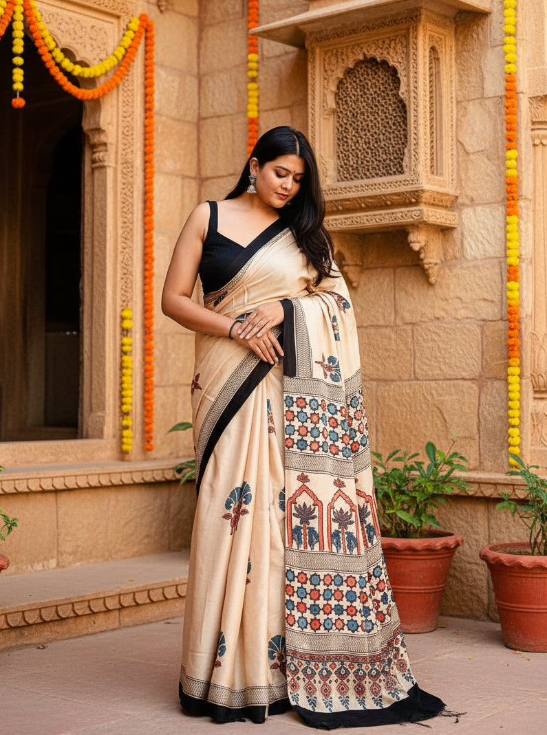 Muslin ajrakh digital printed saree with unstitched blouse(off white)