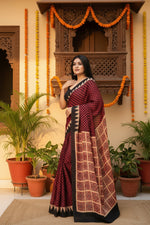 Load image into Gallery viewer, Muslin Ajrakh Digital Printed Saree With Unstitched Blouse(Maroon)