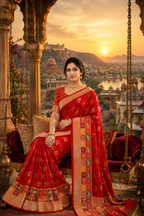 Dola Silk Soft Rajwadi Kashmiri Thread Zari Weaving Border With Unstitched Butti  Blouse (Red)