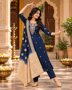 Roman Silk Kurti Pant With Dupatta Set(Navy Blue)