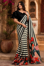 Satin Silk Floral Printed Saree With Unstitched Blouse(White)