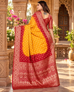Satin Silk Bandhan Bhej Zari Border Work Saree With Unstitched Blouse(Yellow)