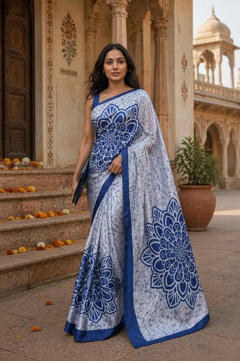 Satin Silk Printed Saree With Unstitched Blouse(Grey)