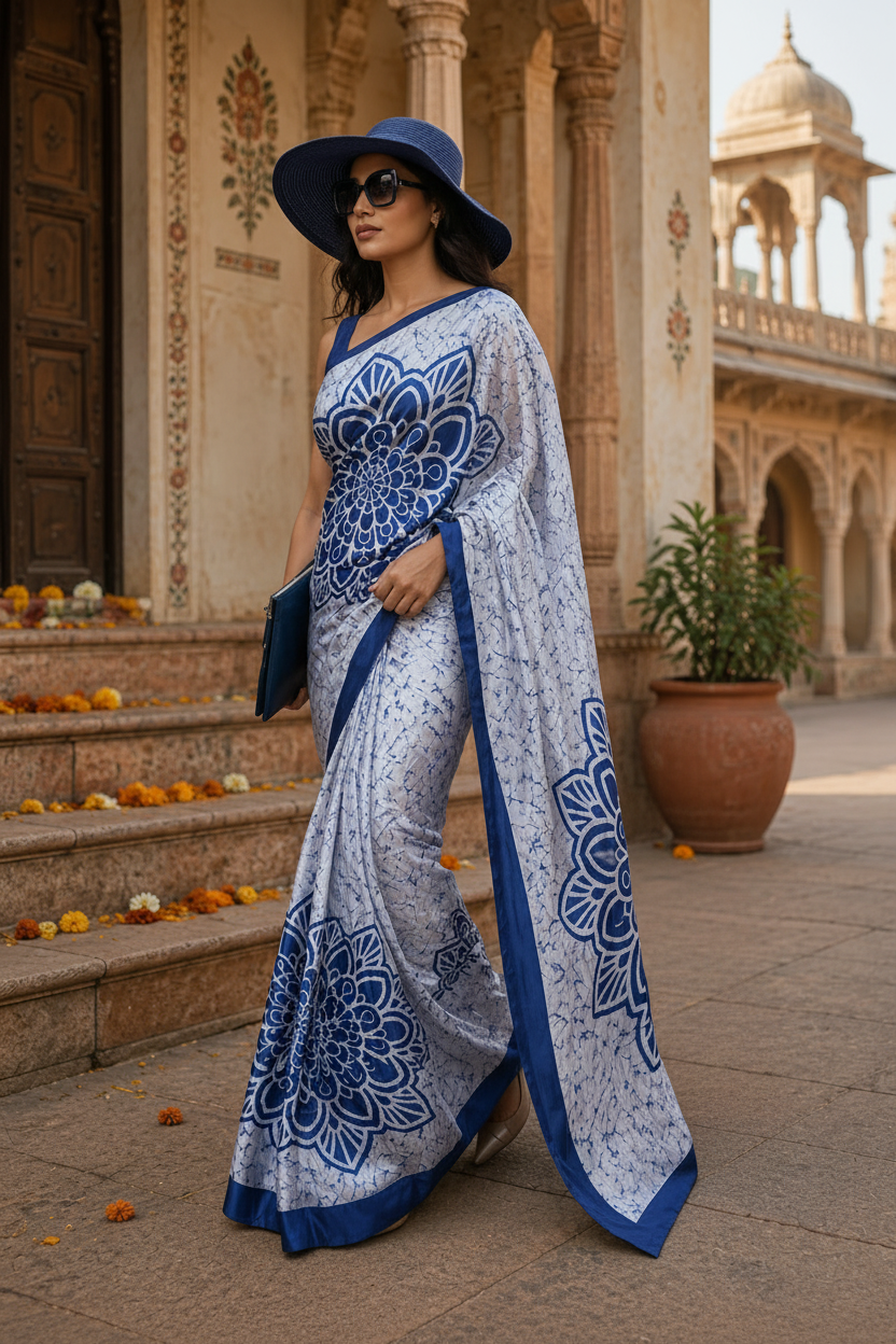 Satin Silk Printed Saree With Unstitched Blouse(Grey)