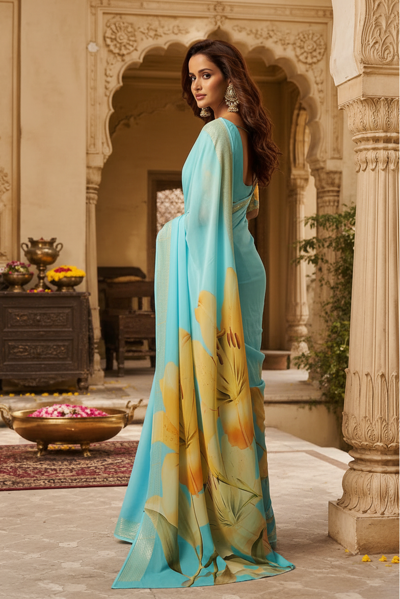 Georgette Digital Print Saree With Unstitched Blouse(Sky)