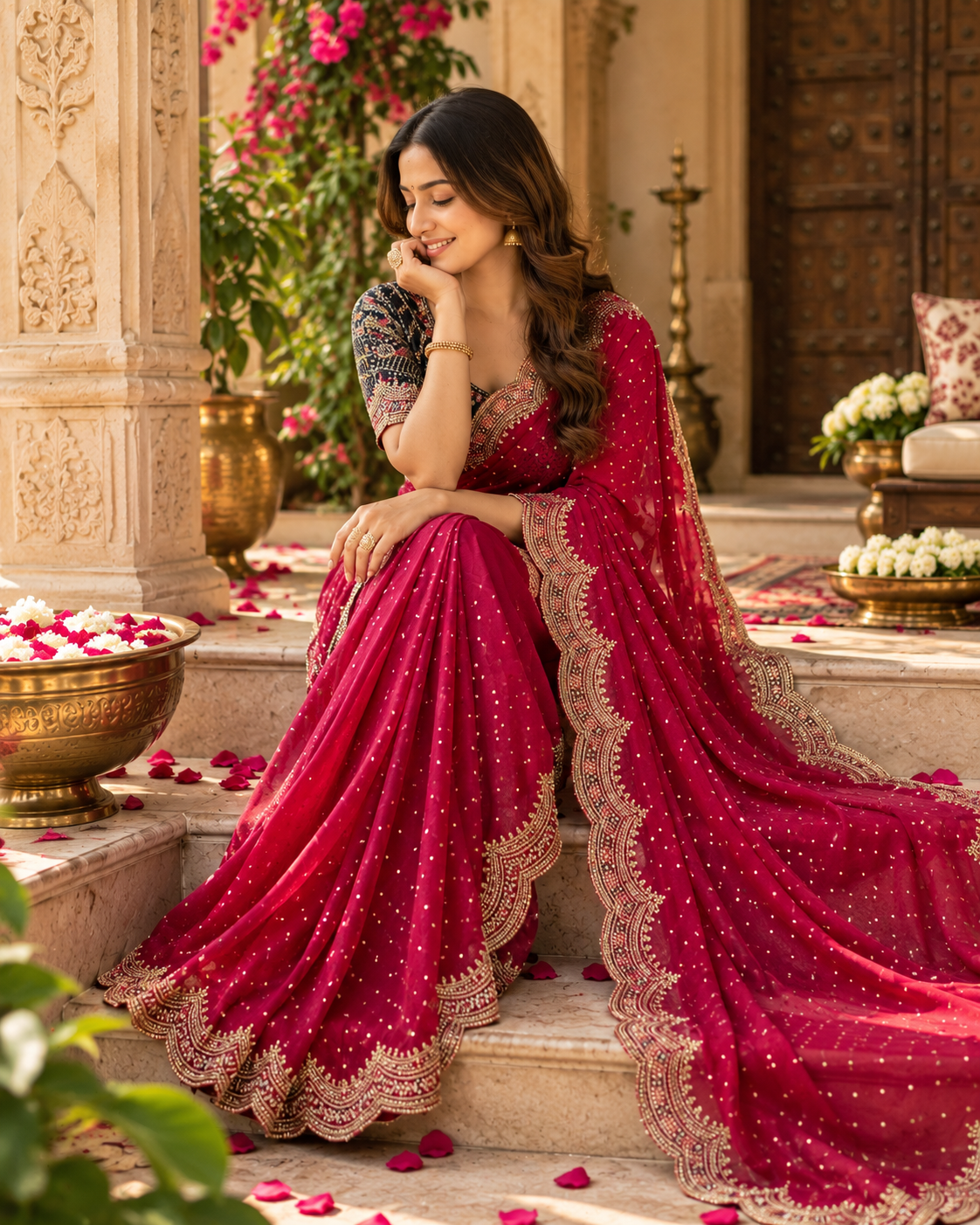 Zari Silk Sequins Work Saree With Unstitched Blouse(Red)