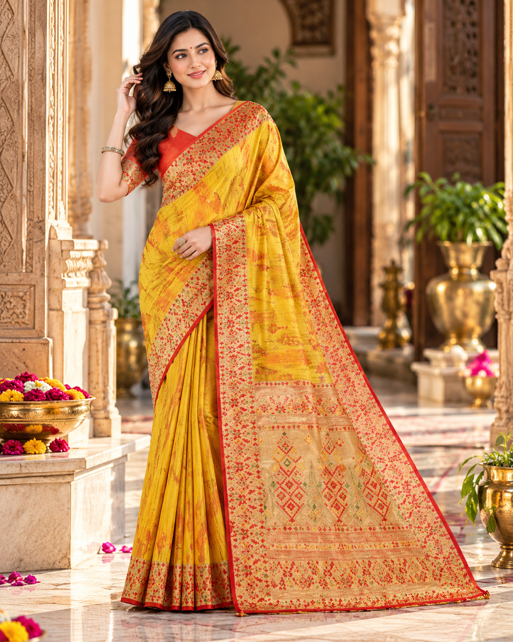 Premium Tissue Silk Zari Border Work Saree With Unstitched Blouse(Yellow)