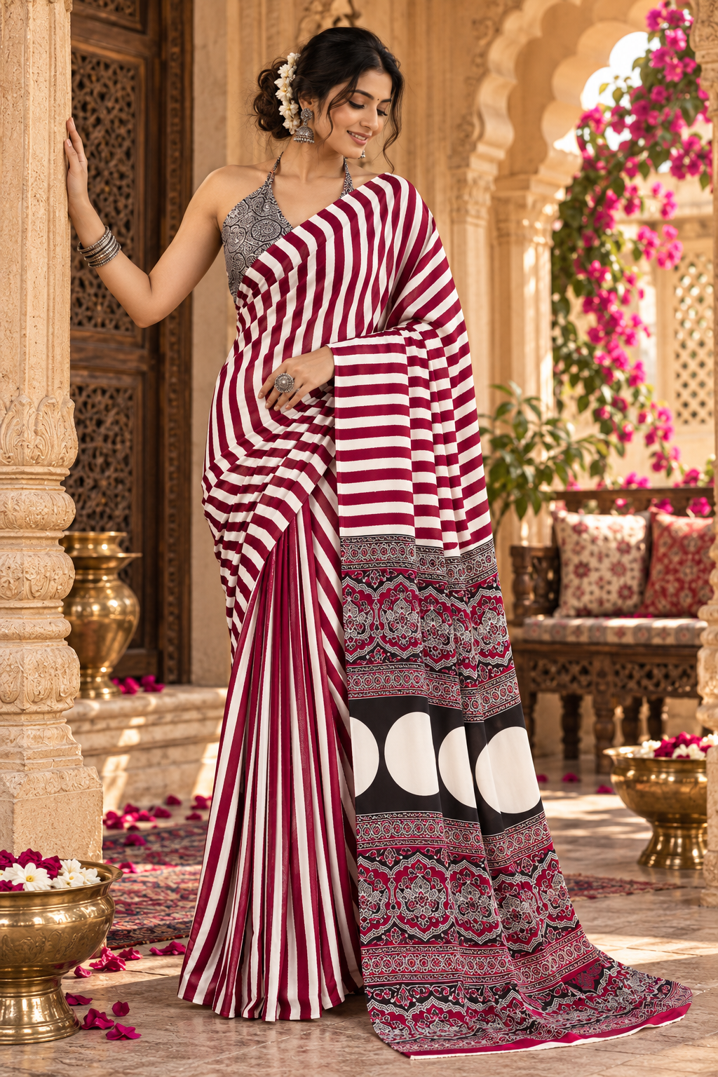Satin Silk Ajrakh Printed Saree With Unstitched Blouse(Red)