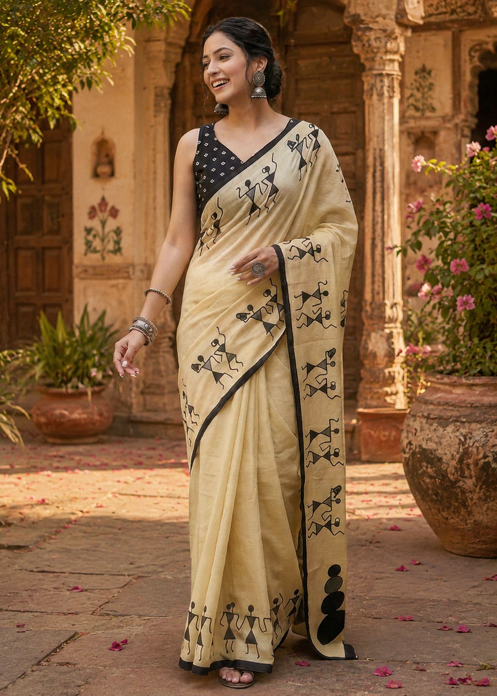 Mulmul Cotton Bagru- Printed Saree With Unstitched Blouse(Cream)