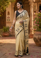 Mulmul Cotton Bagru- Printed Saree With Unstitched Blouse(Cream)