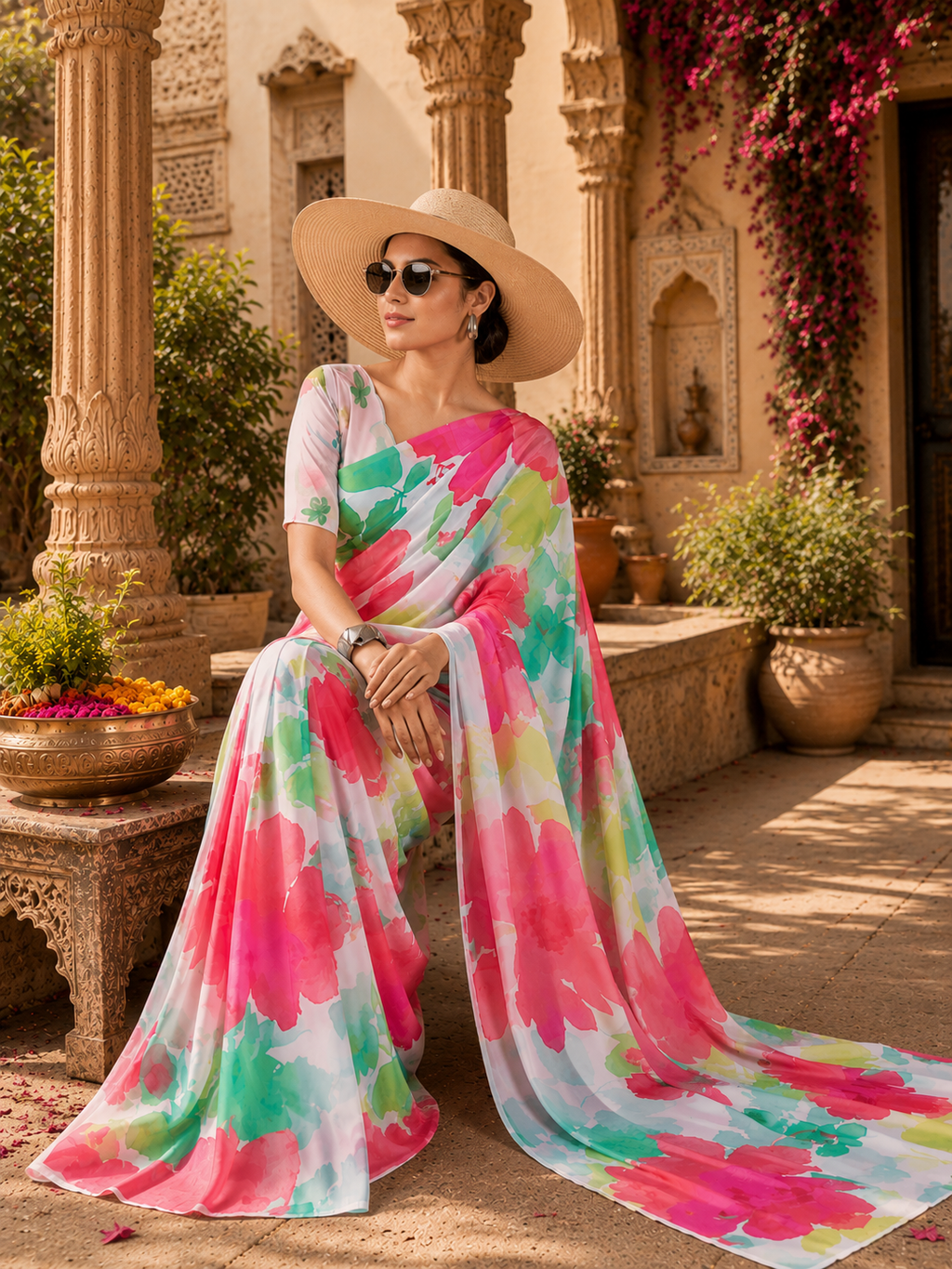 Satin Georgette Printed Printed Saree With Unstitched Blouse(White)