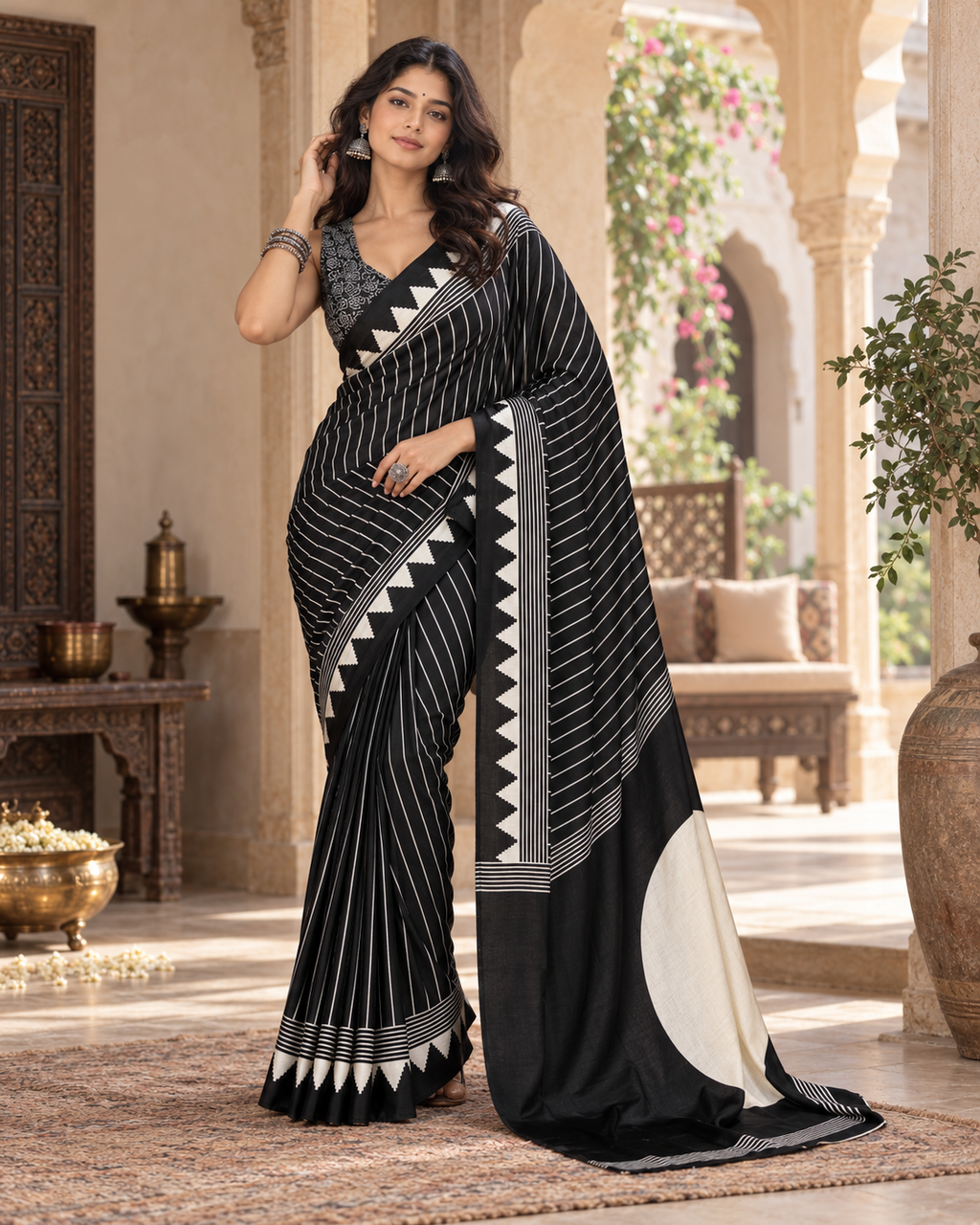 Satin Silk Ajrakh Printed Saree With Unstitched Blouse(Black)