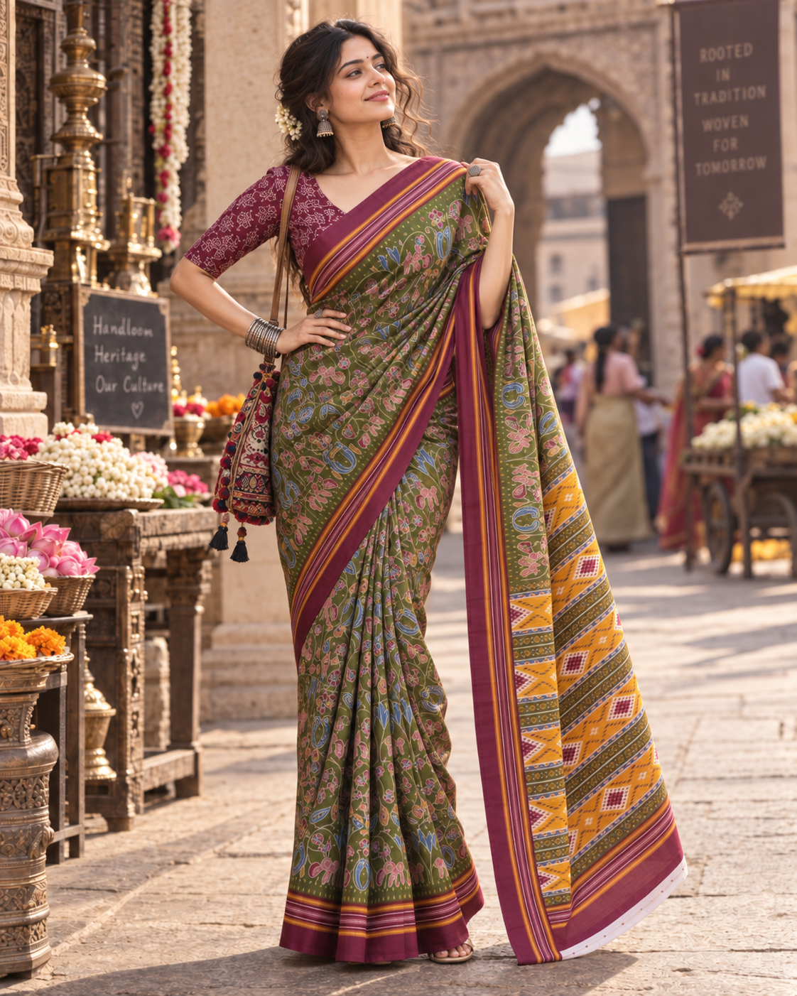 Mulmul Cotton Printed Saree With Unstitched Blouse(Green)