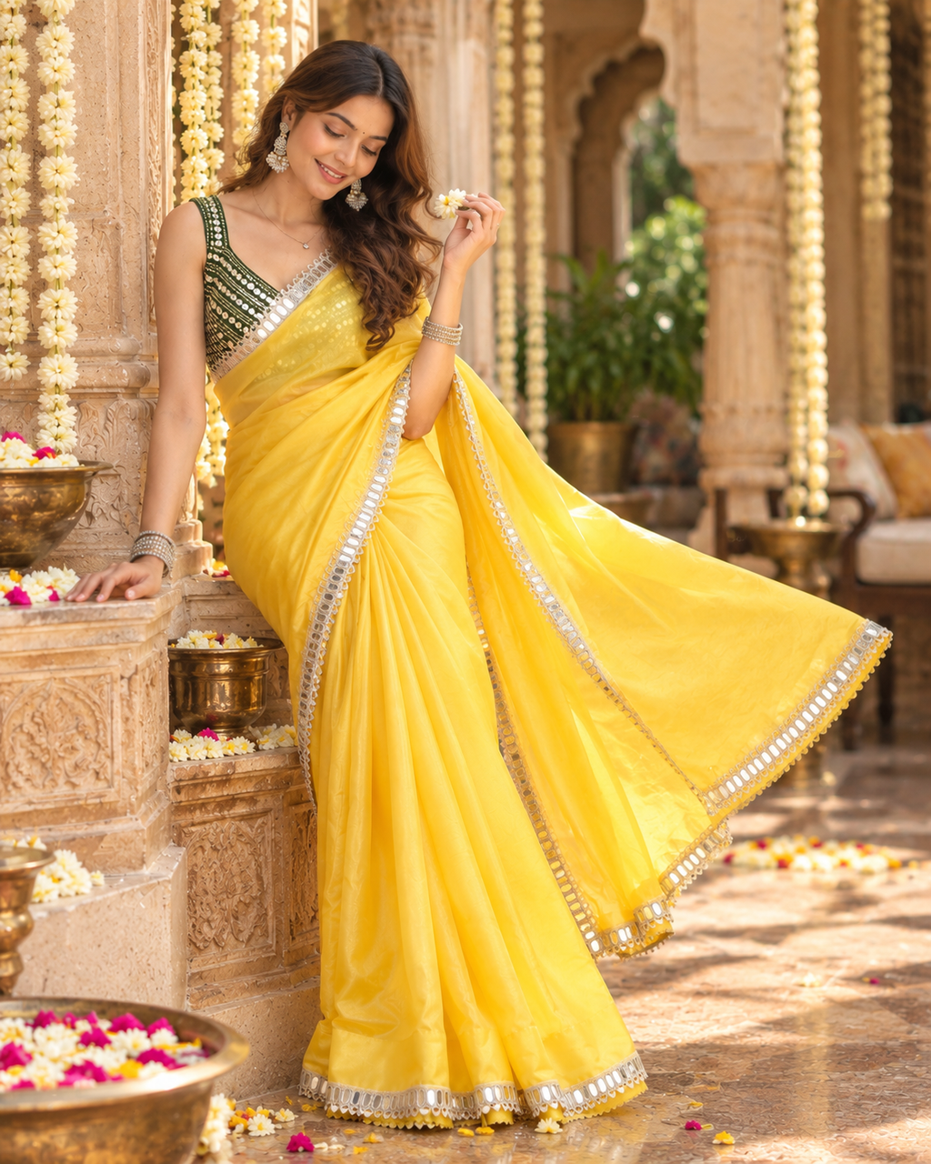 Premium Satin Silk Embroidery Mirror Work Saree With Unstitched Blouse(Yellow)