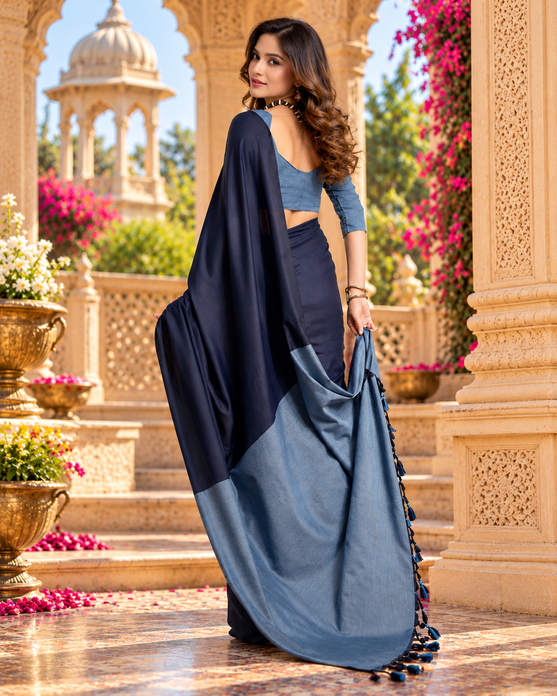 Mulmul Cotton Printed Saree With Unstitched Blouse(Blue)