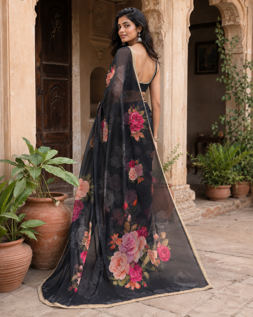 Georgette Floral Printed Saree With Unstitched Blouse(Black)